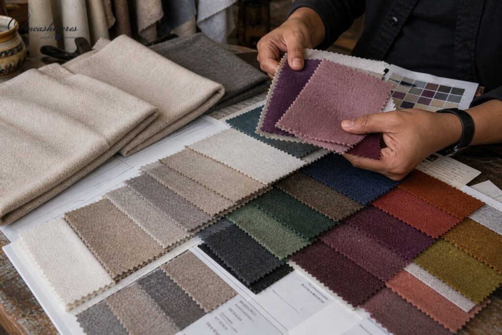 Cashmere fabric swatches in natural and dyed tones